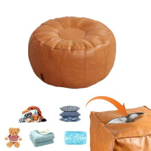 Round PU Leather Storage Ottoman Foot Stool with Large Hidden Storage and Durable Zipper Brown