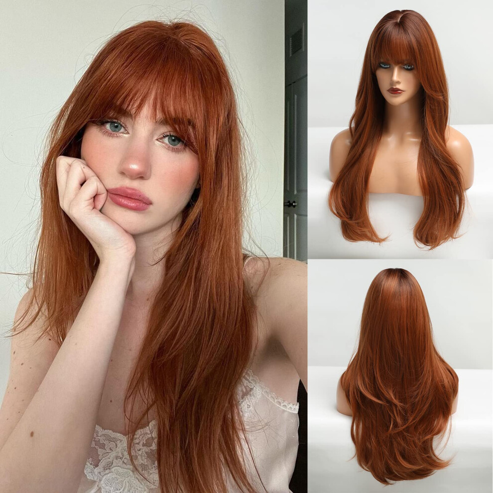 26 Inch Long Wavy Auburn Human Hair Wig with Bangs for Women Natural Look and Tangle Waves