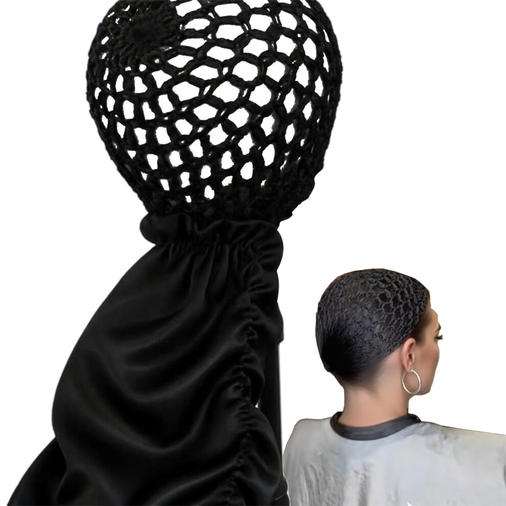 2 in 1 Adjustable Silk Hair Bonnet with Hair Net and Scarf, Reversible Satin Sleep Cap for Curly Braids Long Hair Black