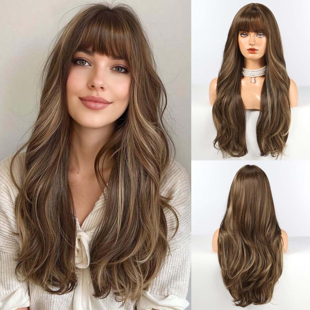 26 Inch Long Wavy Human Hair Wig with Bangs, Layered Auburn Brown, Natural Look for Women