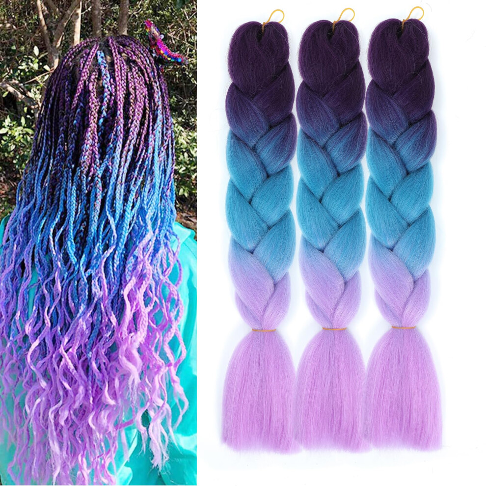 Jumbo Braiding Hair Extensions 24 Inch Gradient Ombre Purple to Blue Synthetic Fiber for Box Braids 3pcs