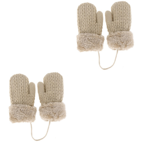 2Stk Kinderhandschuhe Winter Strick Plüsch Beige Warm Vollschutz 2