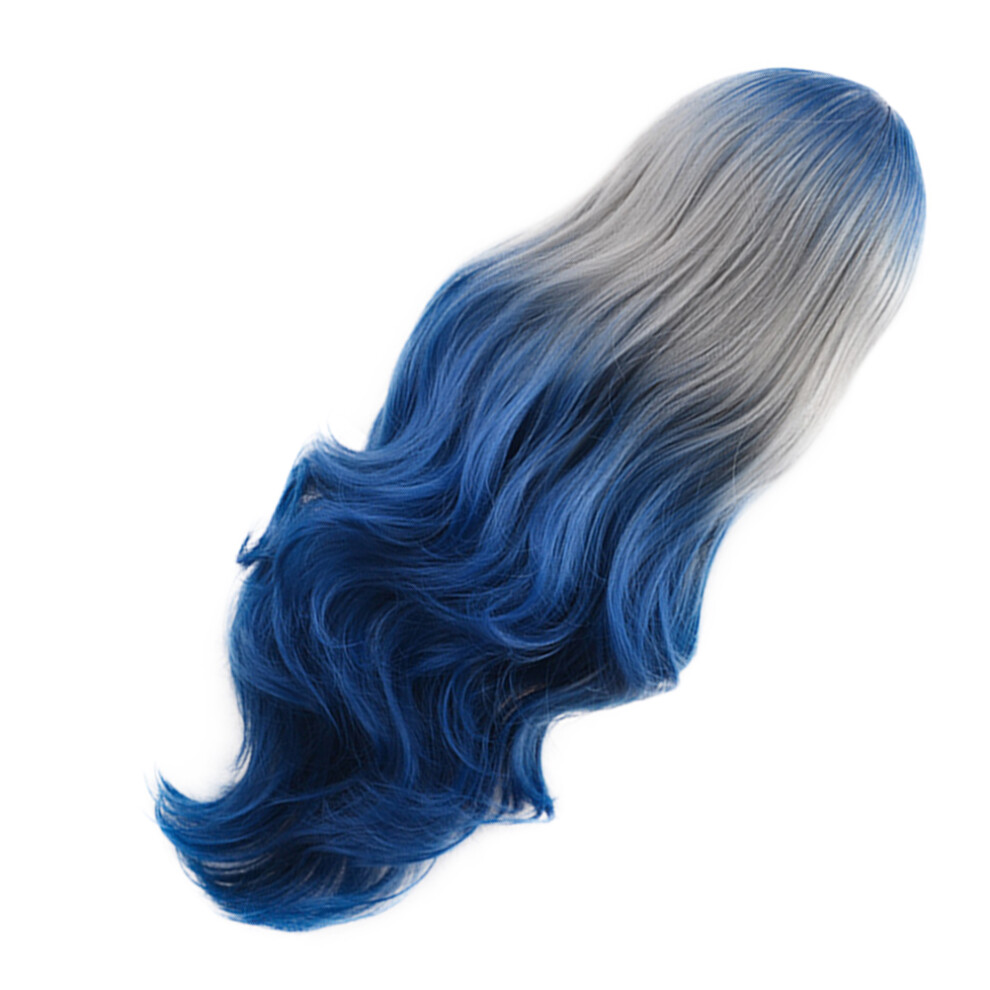 Totority Unisex Blue Long Wavy Gradient Wig High Heat Silk Cosplay Costume Hair