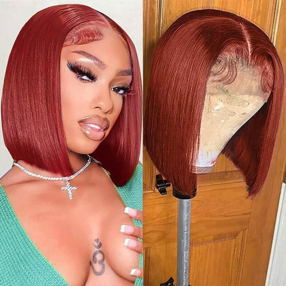 Unisex Brown Reddish Bob Wig Human Hair 8 Inch Straight Glueless 13X4 Hd Lace Front Natural Hairline