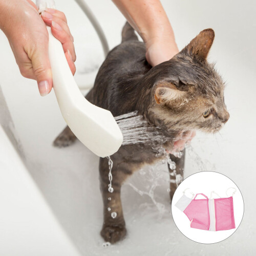 Adjustable Pink Cat Grooming Mesh Bag Breathable Polyester Bath 2
