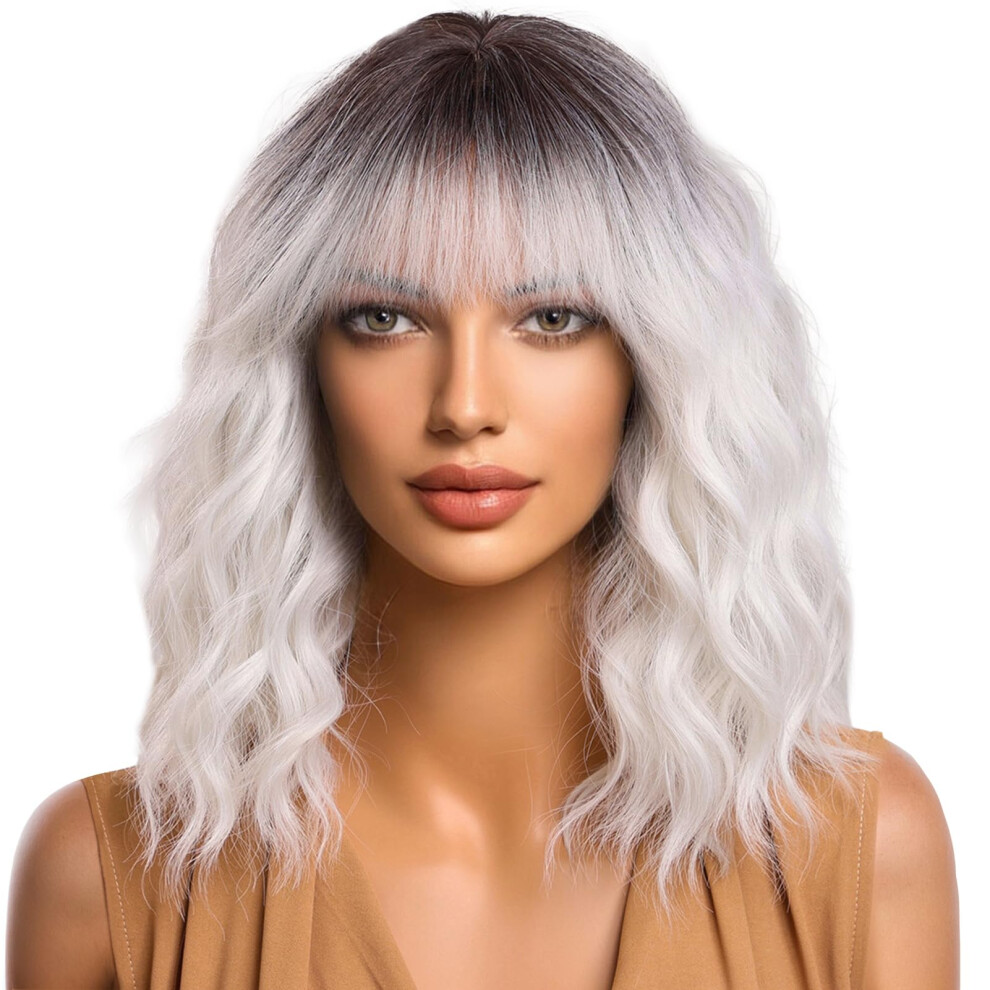 Unisex Silver Ombre Wavy Bob Wig With Bangs, Shoulder Length Curly Hair For Women, Natural Hairline