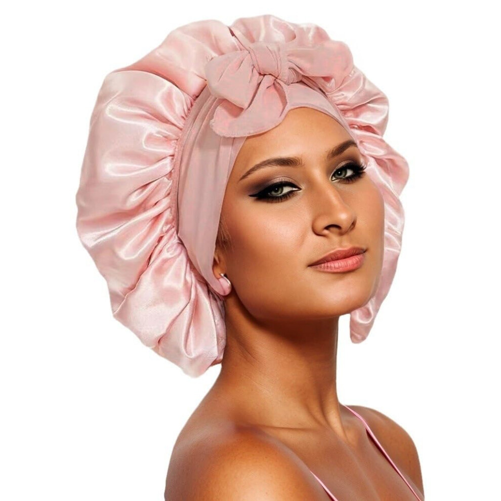 Unisex Pink Silk Sleep Bonnet Sakura With Adjustable Tie For Curly Or Braided Hair, Satin Wrap Reduces Frizz