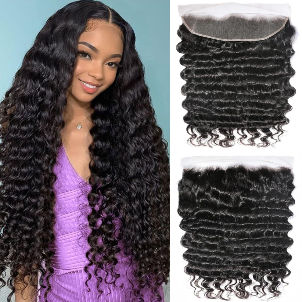 Unisex 13X4 Hd Lace Frontal Deep Wave Brazilian Virgin Hair 14 Inch Pre Plucked Transparent Lace