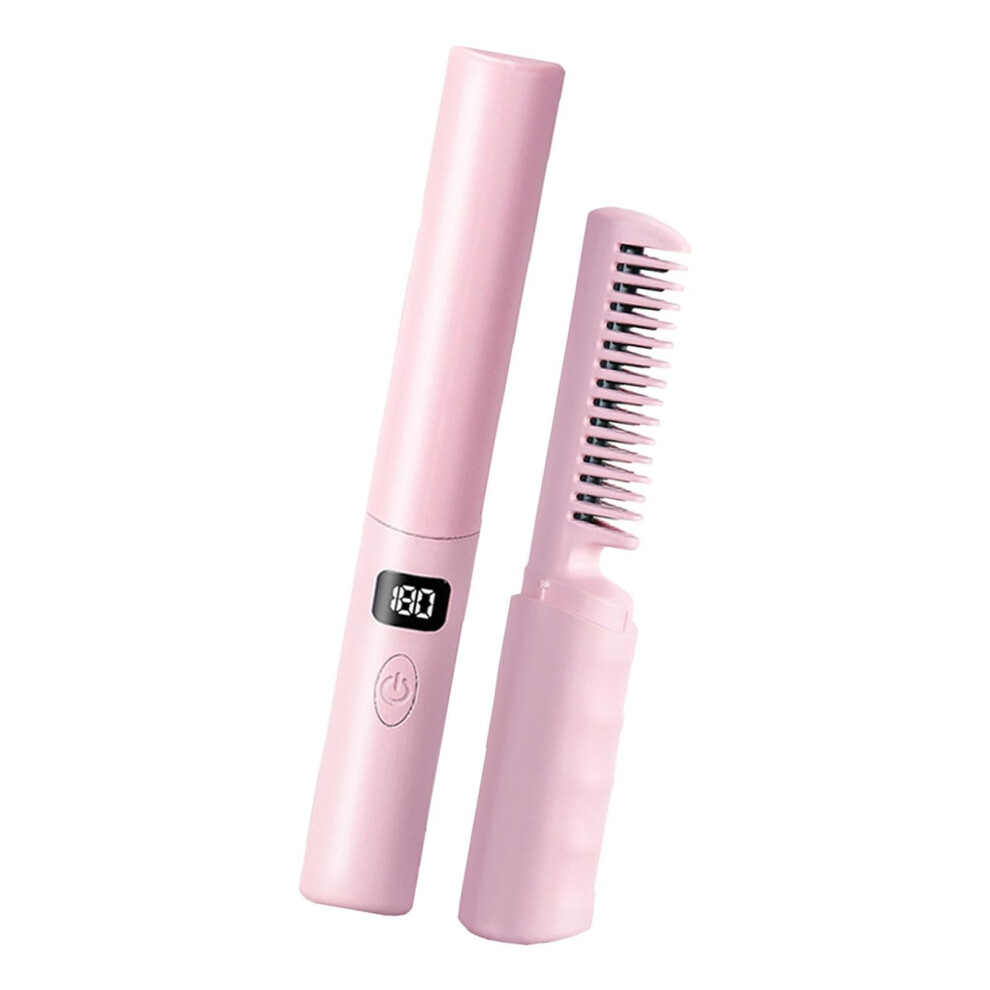Pink Hair Straightener Brush And Hot Comb 2 In 1 Usb Rechargeable Ceramic Tourmaline Travel Styling Tool