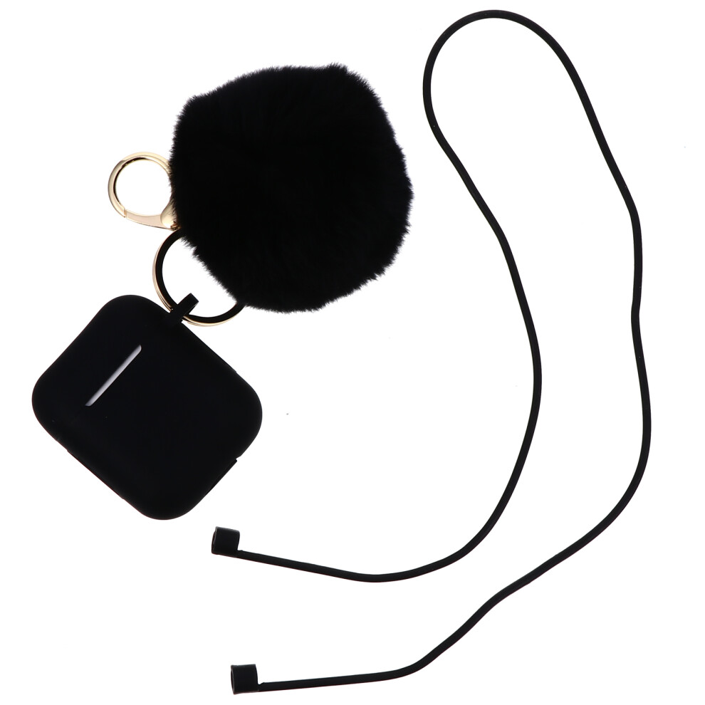 1Set Durable Silicone Wireless Earphone Case With Plush Keychain Black 3171388893540