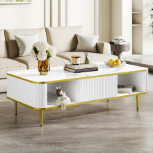 1m Marble Top Coffee Table, White Frame with Golden Metal Legs