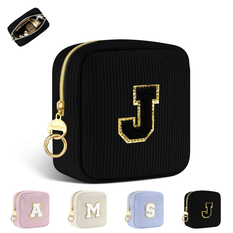 Corduroy Makeup Bag with Initial J, Black Travel Cosmetic Organizer, Large Capacity
