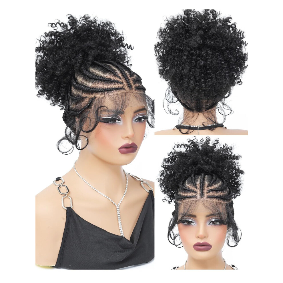 Synthetic Braided Wig with Buns and Ponytail, Full Lace Cornrow Style for Black Women, 10 Inch