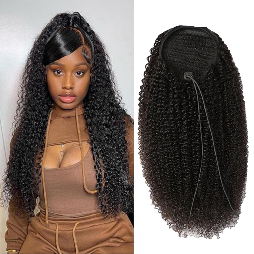 Human Hair Ponytail Extension Kinky Curly 20 Inch Drawstring Clip In for Black Women