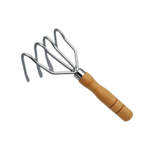 Garden Hand Rake with Ergonomic Wood Handle, 4Claw Short Handle Cultivator for Weeding and Soil Loosening