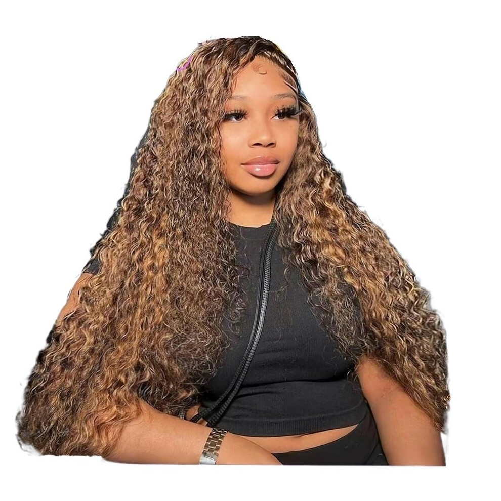 Human Hair Lace Front Wig 24 Inch Highlight Curly Brazilian Deep Wave 13x4 HD Transparent Lace