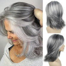 Human Hair Gray Wig 14 Inch Layered Wavy Curtain Bangs Shoulder Length Natural White Grey Color