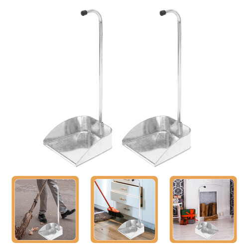 2Pcs Rustproof Iron Dustpans Silver Long Handle Home Cleaning Supplies 2