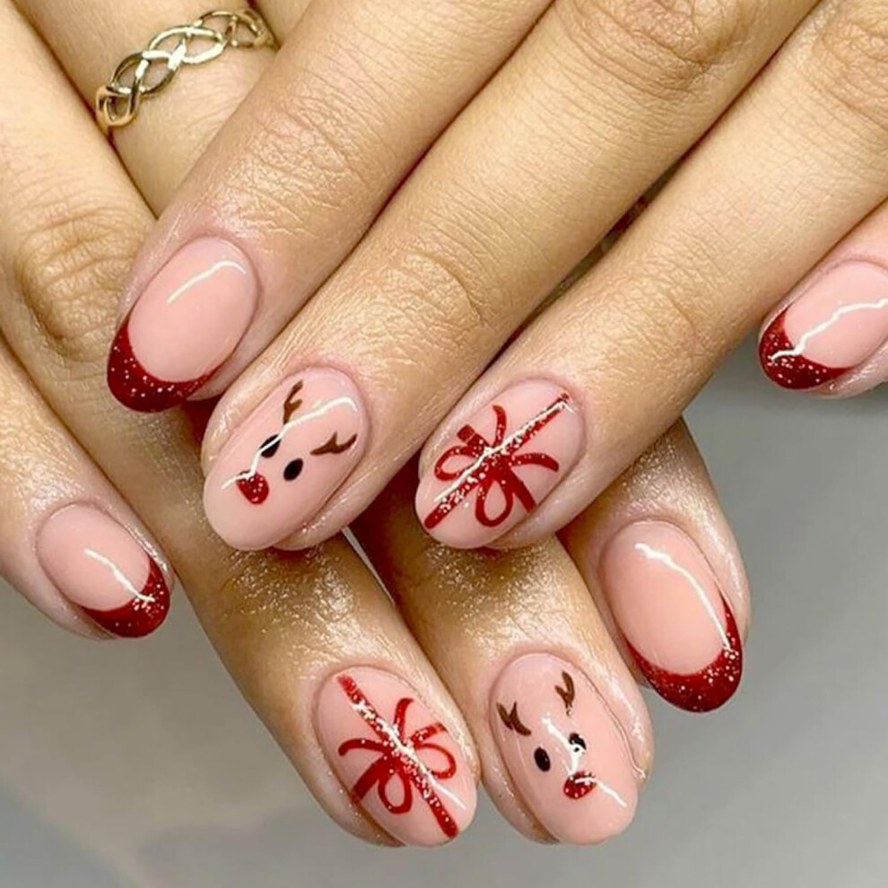 24Pcs Christmas Press On Nails Short French Tip Fake Nails with Glue Reindeer Holiday Design