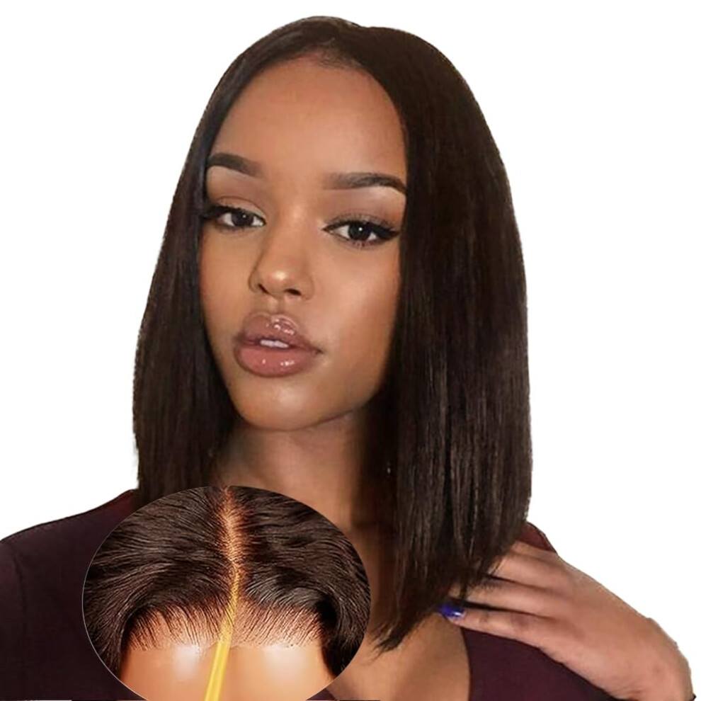 16 Inch Glueless Human Hair Bob Wig for Black Women, Brown, Pre Plucked 200 Density, Ready to Wear