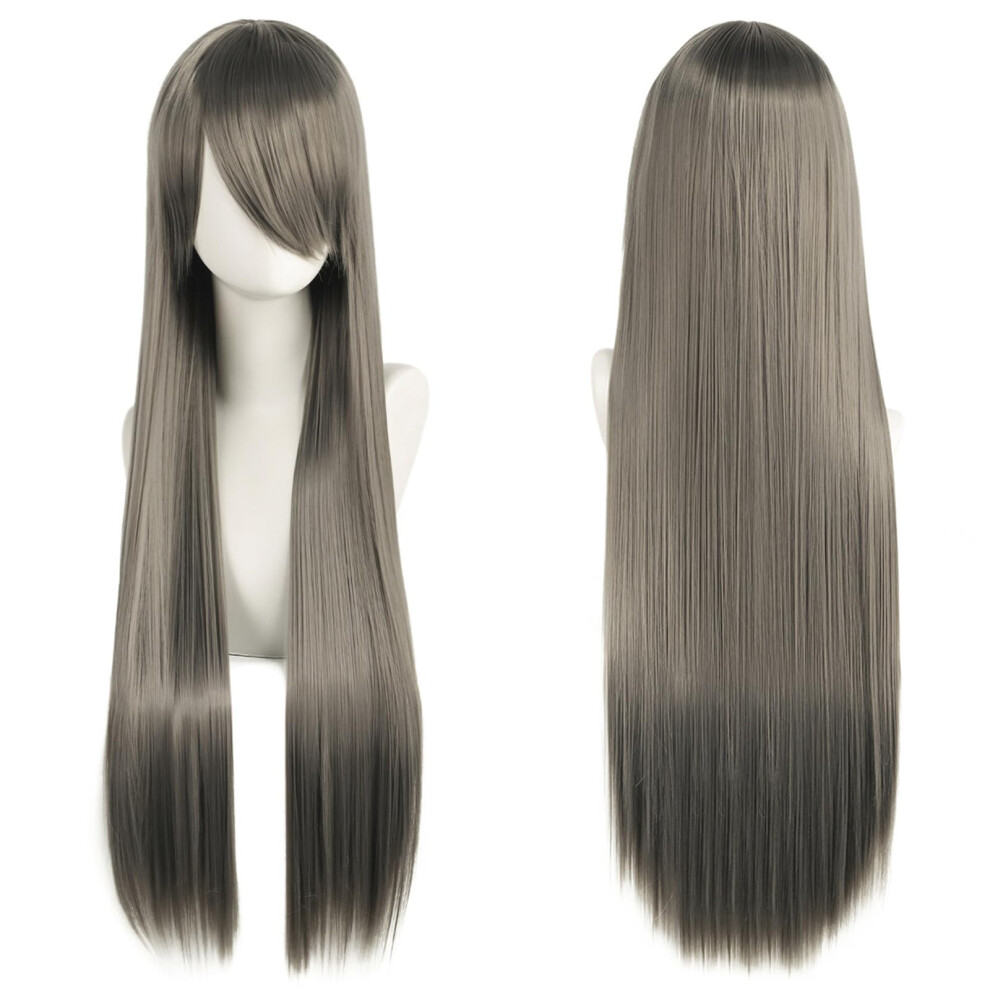 Unisex Gray Long Straight Hair Wig 80Cm Synthetic With Bangs For Women Natural Look Cosplay