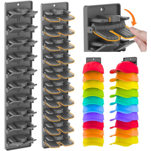 Hat Rack 2 Pack Wall and Door Mount Baseball Cap Organizer with Secure Spring Clips Multicolour