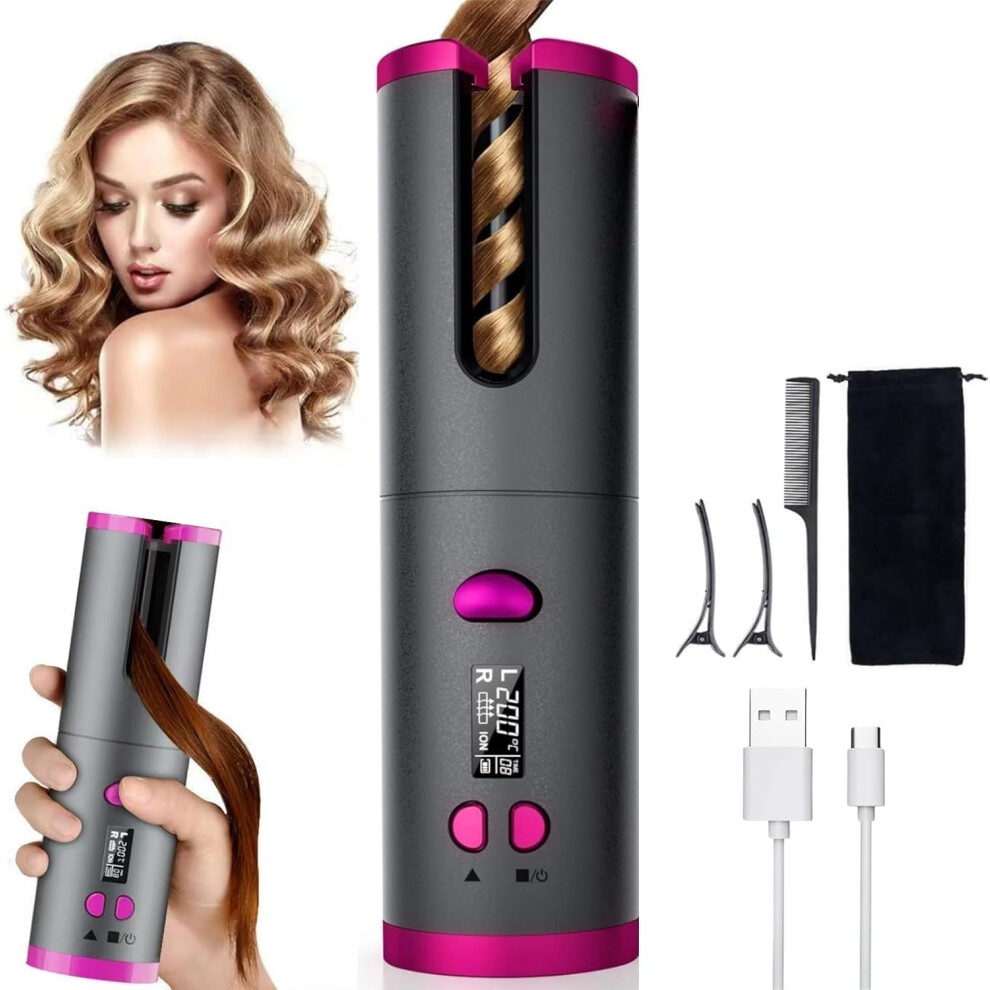 Gray Cordless Automatic Hair Curler With Led Display, Fast Heating Rechargeable Curling Iron