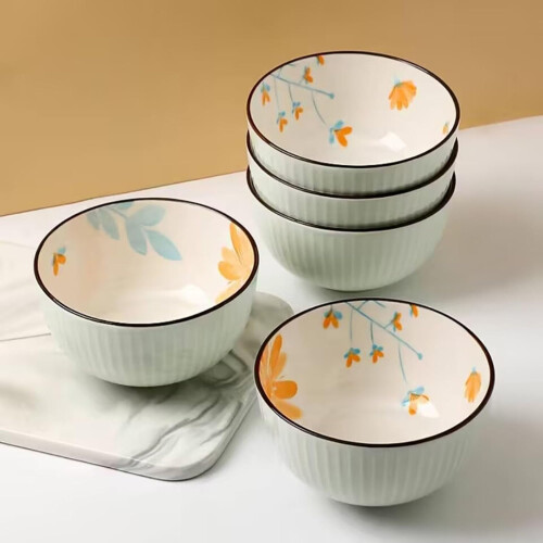 Ceramic Rice Bowl with Elegant Daisy Pattern and Embossed Stripes for Versatile Dining Use 1