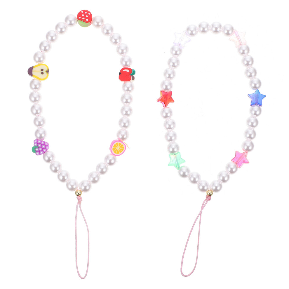 2Pcs Pearl Phone Wrist Lanyard Assorted Color Durable Decorative Strap 3061772930800
