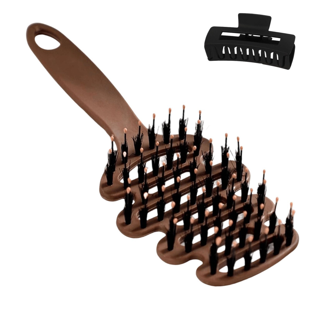 Brown Boar Bristle Hair Brush For Volume And Shine, Volumizing Brush With Frizz Control And Ergonomic Grip