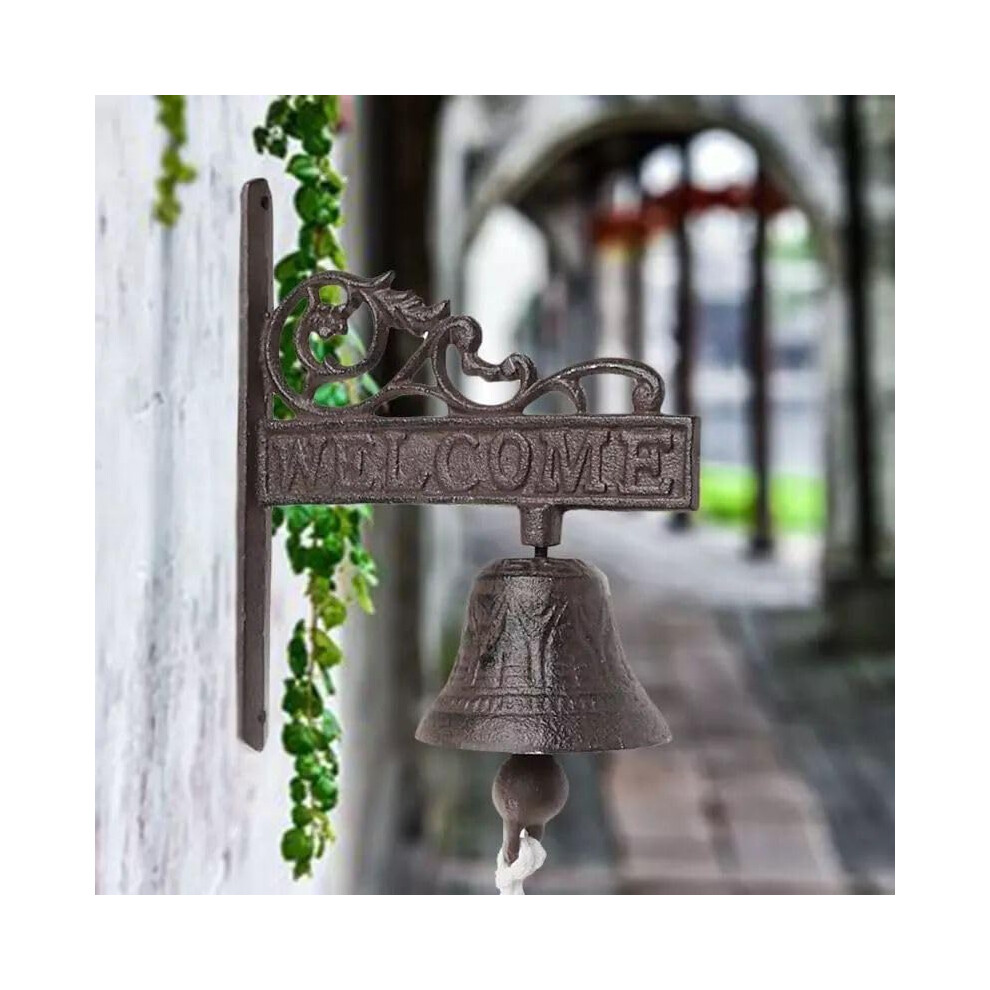 Outdoor Cast Iron Welcome Bell, Rustic Wall Mounted Doorbell With Pull Rope For Porch Or Garden 9455672637046