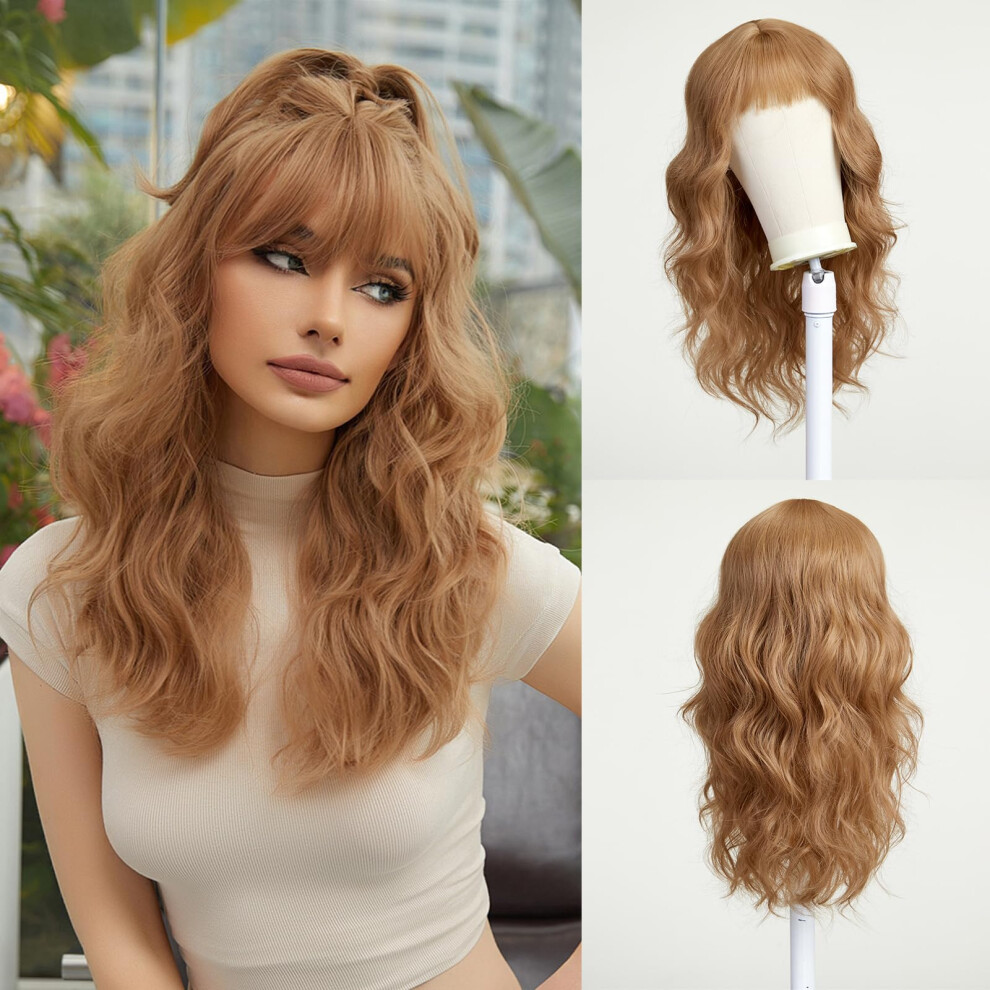 Unisex 22 Inch Strawberry Blonde Human Hair Wig Long Wavy With Bangs Natural Hairline Heat Resistant