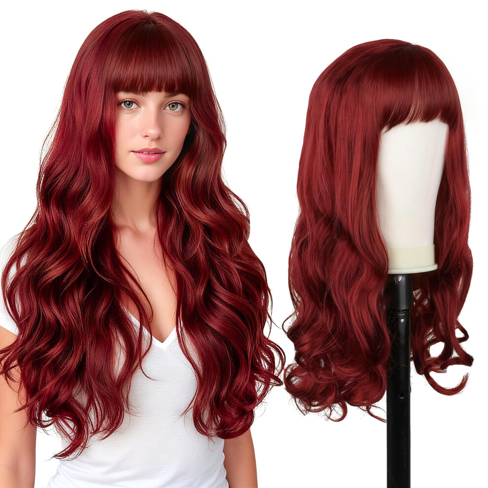 Unisex Red Wine Long Curly Wig With Bangs 26 Inch Heat Resistant Synthetic Hair Natural Hairline For Women