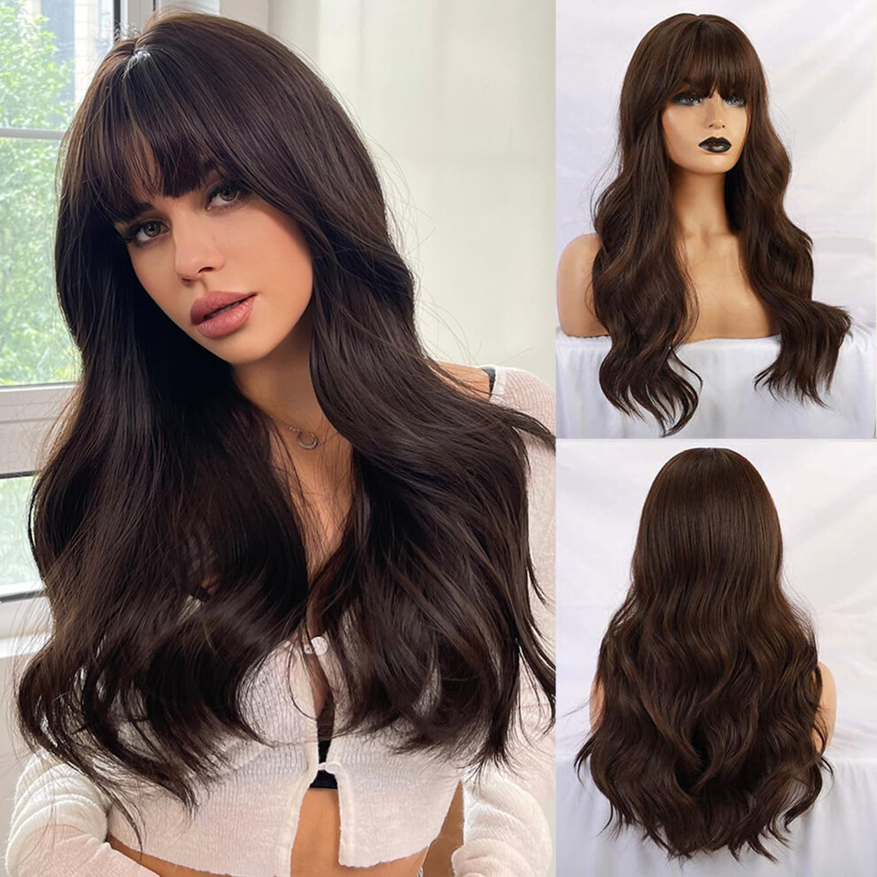 Unisex Black,Brown 24 Inch Black Brown Wavy Human Hair Wig With Bangs For Women Natural Heatresistant Cap