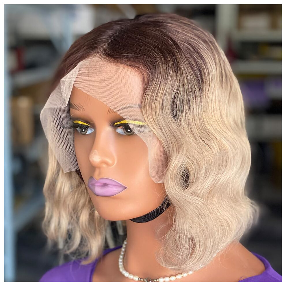Unisex Gold 12 Inch Ombre Ash Blonde Natural Wave Human Hair Lace Front Wig Brazilian Virgin Remy