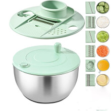 Stainless Steel Salad Spinner 5.2 Quart Large Capacity 3in1 Bowl with Six Blade Slicer
