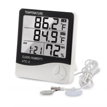 Digital Thermometer Hygrometer with LCD Clock, Indoor Outdoor Temp Humidity Monitor with 1M Waterproof Probe for Greenhouse Bedroom Garage