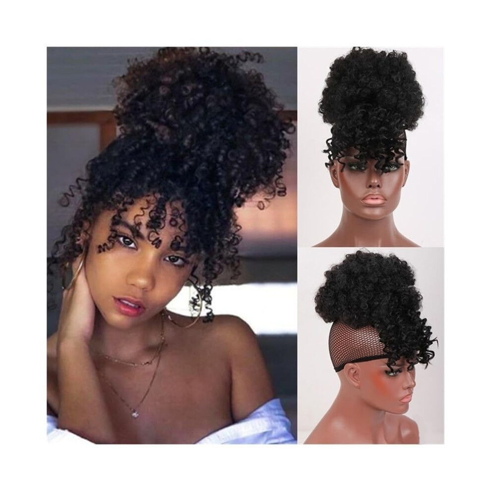 Unisex Afro Curly Hair Bun With Bangs Synthetic Drawstring Ponytail Clip In Chignon Hair Piece 1B