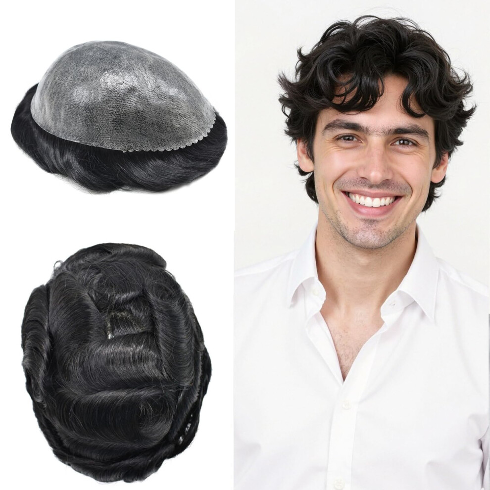 Unisex Black Mens Toupee Human Hairpiece Jet 7X9 Inch Thin Poly Skin Base Natural Hairline Medium Density
