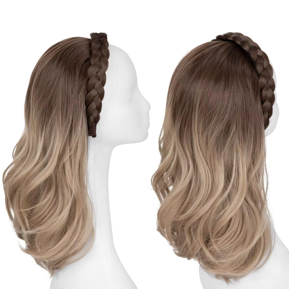 Unisex Brown Synthetic Headband Wig To Ash Blonde With Twist Braid, Heat Resistant 17.3 Inch Natural Wave