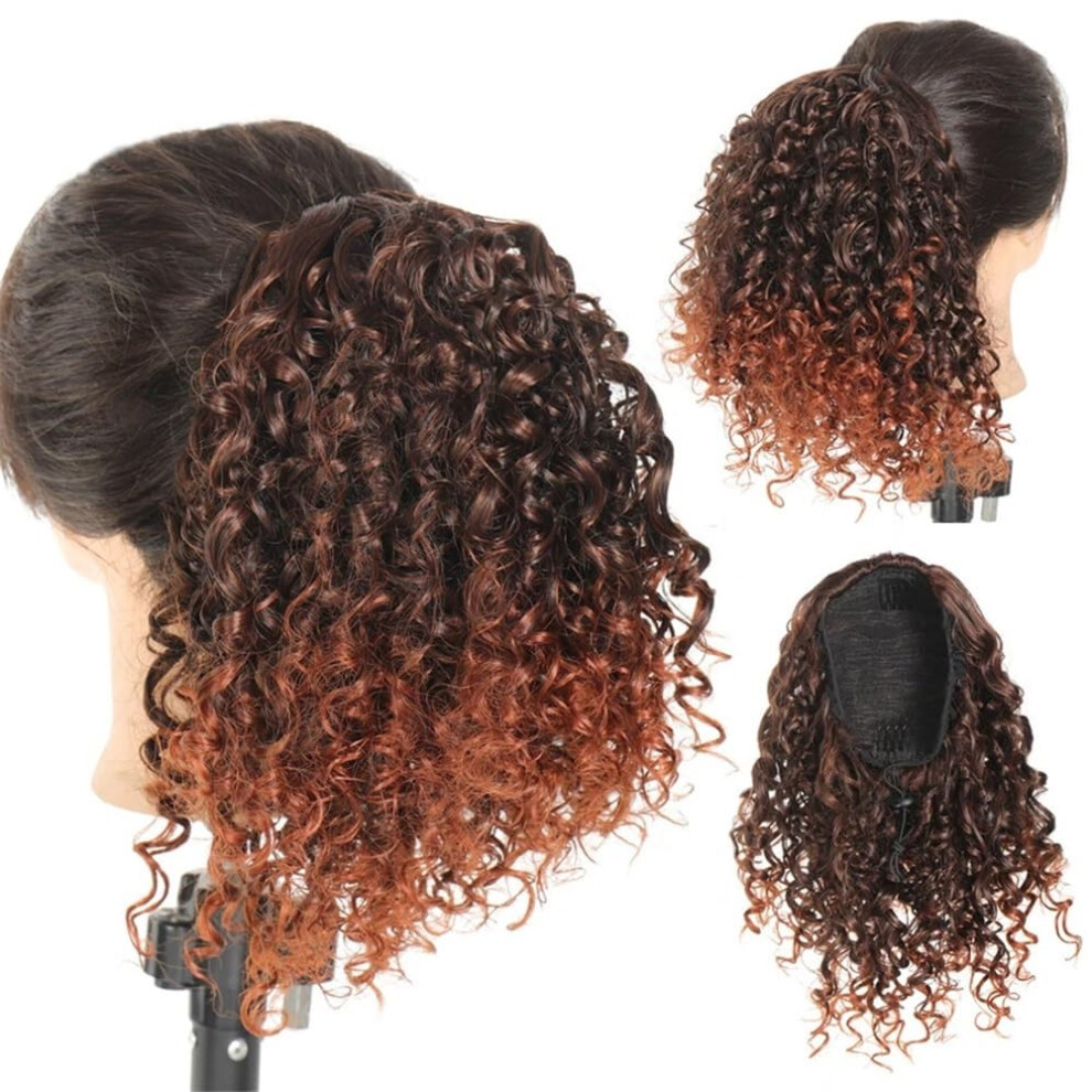 Ponytail Hair Extension with Natural Spiral Curls, Brown and Dark Yellow Curly Drawstring Wig