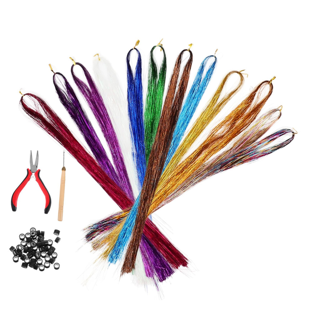 Hair Tinsel Extensions Kit with Crochet Hook Rings, Colorful Glitter Strands for Women Parties Festivals