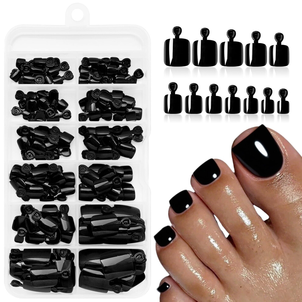 Black 168Pc Press On Toenails Short Square Fake Toenails Reusable Acrylic Toe Nails With Glue Tabs