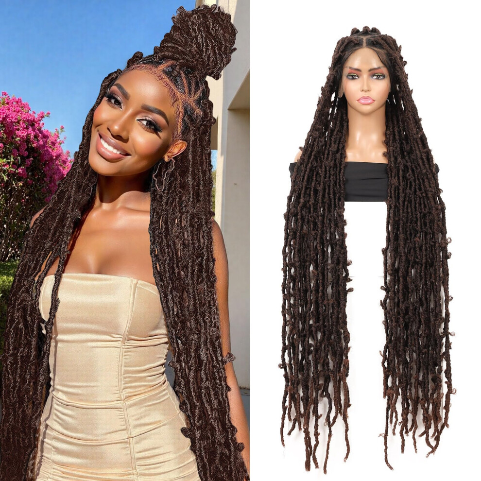 48 Inch Lace Front Butterfly Locs Wig with Baby Hair, Brown Knotless Braids, Double Lace Design