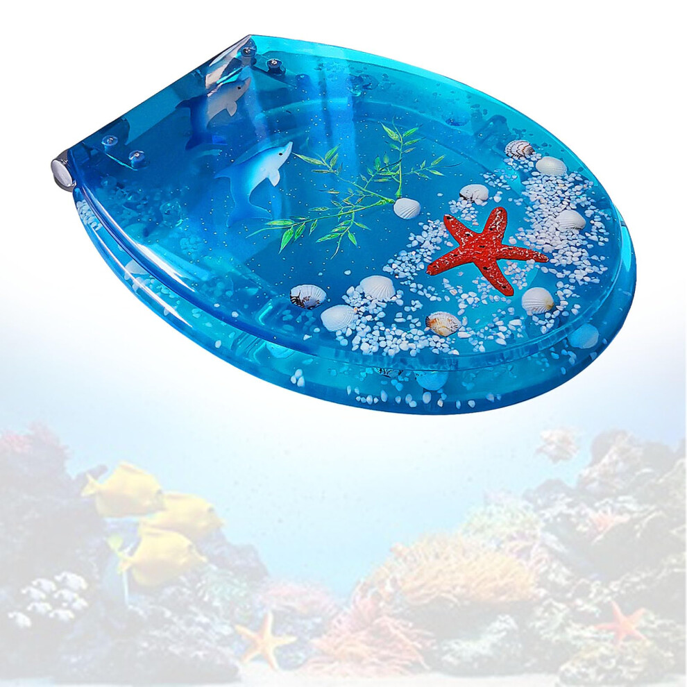 Elongated Soft Close Resin Toilet Seat With 3D Blue Dolphin Design, Universal Fit, Quick Release 9113335521377