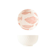 5 Inch Japanese Ceramic Rice Bowl White Fish Design, Hand Painted Tableware, Microwave Safe