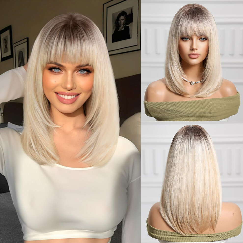 Unisex Dark Short Bob Wig Ombre Blonde With Bangs 14 Inch Human Hair Blend Glueless Heat Resistant For Women
