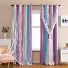 Princess Star Cutout Blackout Curtains with Sheer Layer for Girls Bedroom Pink Purple 52x63