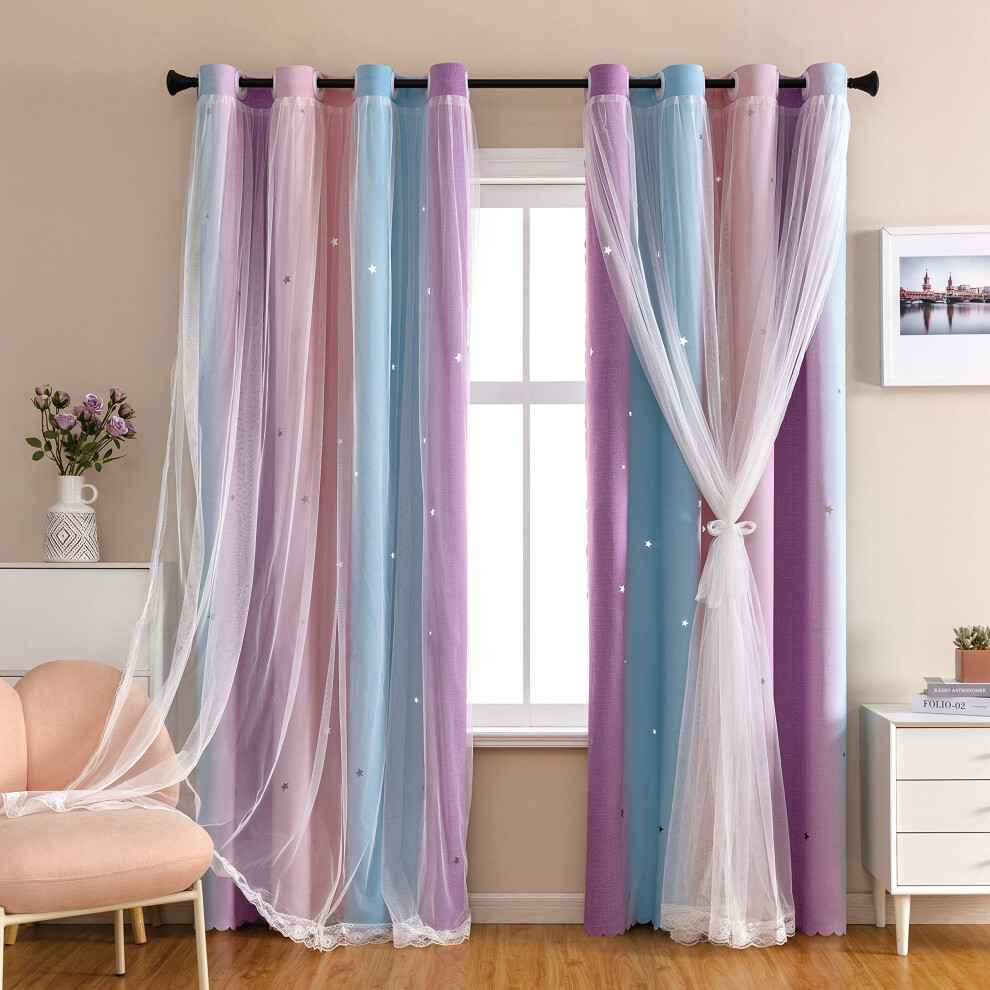 Princess Star Cutout Blackout Curtains With Sheer Layer For Girls Bedroom Pink Purple 52X63 Pink,Purple