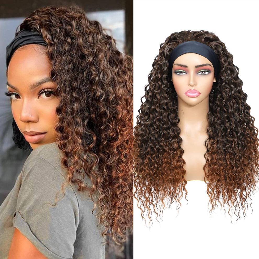 Unisex Headband Wig Water Wave Glueless Synthetic 150 Density Natural Hairline 1B/30 24 Inch
